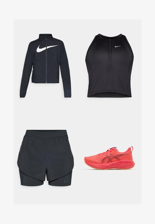 Veste de sport noire zippée sur toute la longueur avec un col haut, des manches longues et un grand logo Nike swoosh blanc sur la poitrine.; Crop top sportif noir avec fermeture éclair à l'avant, accents en mesh et design ajusté. Fabriqué en tissu extensible et respirant. Logo Nike à l'avant.; Shorts de sport noirs avec un design superposé, présentant une couche extérieure lisse et des shorts intérieurs ajustés. Fabriqués en tissu léger et extensible.; Chaussure de sport rose vif avec tige synthétique, semelle en caoutchouc, col rembourré, texture en maille et accents de logo noir sur le côté.
