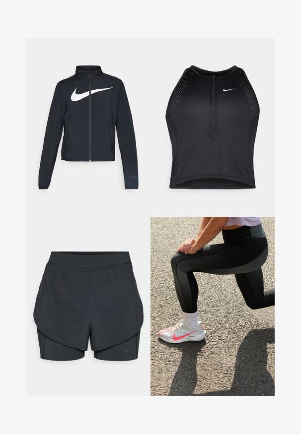 Giacca sportiva nera con zip completa, colletto alto, maniche lunghe e grande logo swoosh bianco Nike sul petto.; Top corto atletico nero con zip frontale, dettagli in rete e un design aderente. Realizzato in tessuto elasticizzato e traspirante. Logo Nike sul davanti.; Shorts sportivi neri con un design a strati, caratterizzati da uno strato esterno morbido e da pantaloni interni aderenti. Realizzati in tessuto leggero e elasticizzato.; Nike Performance PEGASUS PLUS - Scarpe da corsa su strada - barely grey/hot punch/white/black