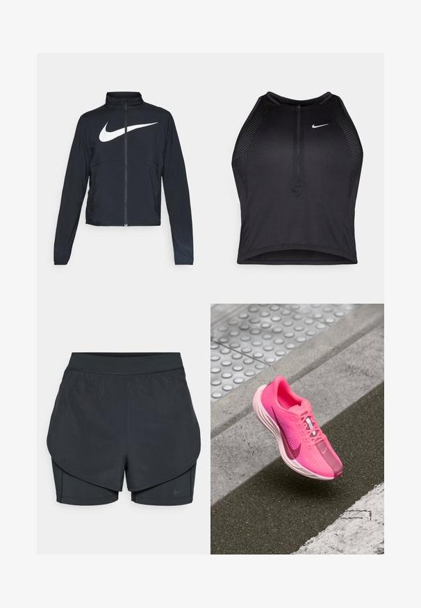 Zwarte sportjas met volledige rits, hoge kraag, lange mouwen en groot wit Nike swoosh-logo op de borst.; Zwarte atletische crop top met een rits aan de voorkant, mesh accenten en een aansluitend ontwerp. Gemaakt van rekbare, ademende stof. Nike-logo aan de voorkant.; Zwarte sportshorts met een gelaagd ontwerp, voorzien van een gladde buitenlaag en aansluitende binnen shorts. Gemaakt van lichtgewicht, rekbare stof.; Nike sportieve schoen in helder roze met een bovenwerk van mesh, een gevoerd kraagje, een witte middenzool en een contrasterende donkerdere roze neuskap en swoosh-detail.
