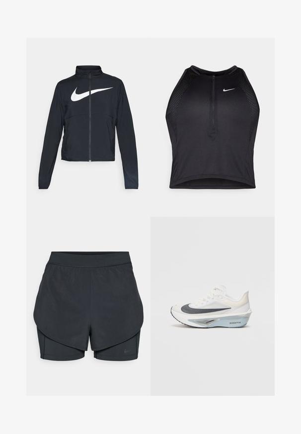 Melnā sporta jaka ar pilnu rāvējslēdzēju, augstu apkakli, garām piedurknēm un lielu baltu Nike swoosh logotipu krūšu daļā.; Melnā sportiskā augšdaļa ar rāvējslēdzēju priekšpusē, acs akcenti un pieguloša dizaina. Izgatavota no elastīga, elpojoša auduma. Nike logo priekšpusē.; Melnas sporta šortus ar slāņotu dizainu, kas ietver gludu ārējo slāni un pieguļošus iekšējos šortus. Izgatavoti no viegla, elastīga auduma.; Baltā skriešanas apava ar elpojošu sieta virsu, zilām akcentiem un izteiksmīgu starpliku dizainu, kas ietver redzamu amortizācijas sistēmu.