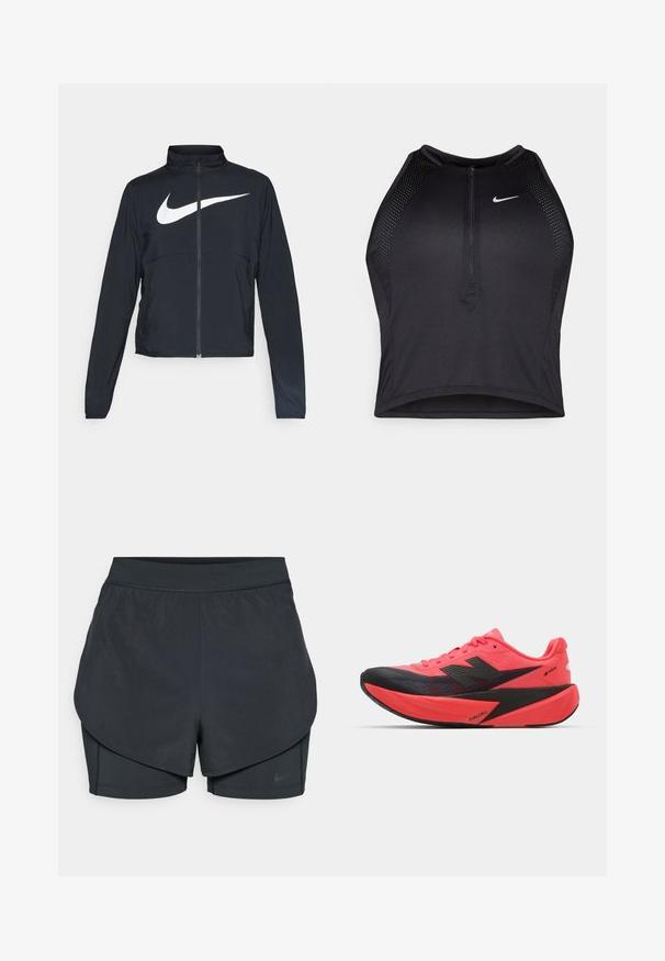 Juodas sportinis džemperis su visiškai užtraukiama užtrauktuku, aukšta apykakle, ilgomis rankovėmis ir dideliu baltu Nike swoosh logotipu per krūtinę.; Juodas sportinis trumpas viršus su užtrauktuku priekyje, tinklinėmis detalėmis ir prigludusia forma. Pagamintas iš tamprios, kvėpuojančios medžiagos. Nike logotipas priekyje.; Juodi sportiniai šortai su sluoksniuota konstrukcija, turintys sklandų išorinį sluoksnį ir prigludusius vidinius šortus. Pagaminti iš lengvos, tamprios medžiagos.; Bėgimo bateliai su ryškiu rožiniu viršumi ir juodais akcentais. Pasižymi tekstūruotu dizainu, lengvu padu ir FUELCELL ženklinimu šone.