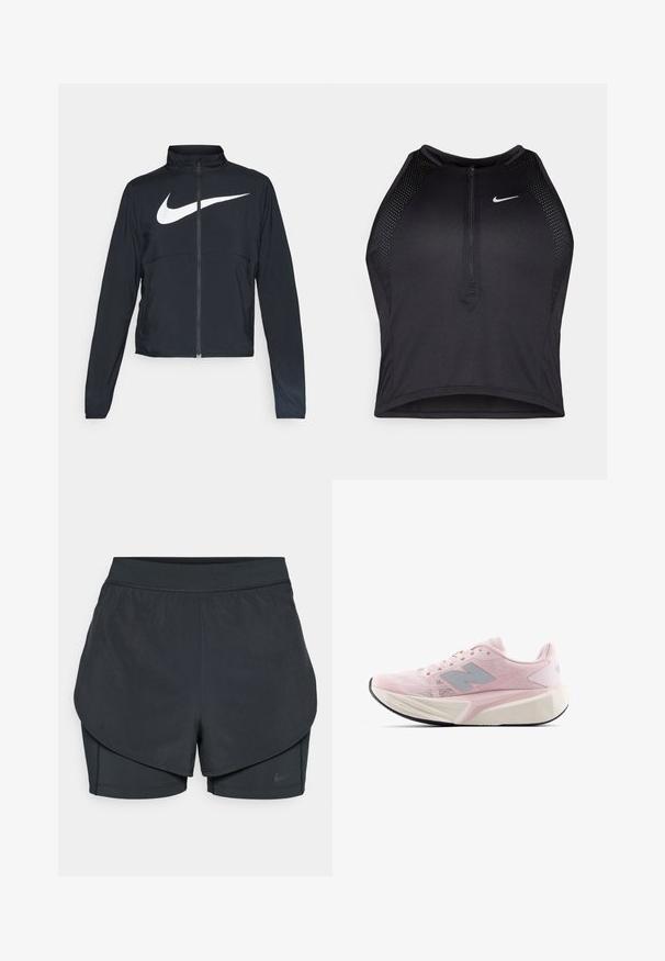 Must musta täispikk vary hoodie kõrge krae, pikad varrukad ja suur valge Nike swooshi logo rinnal.; Must negra spordiline crop top, millel on lukk ees, võrgukangast detailid ja vormiv disain. Valmistatud venivast ja hingavast kangast. Nike logo ees.; Mustad musta sportlikud lühikesed püksid kihilise disainiga, millel on sile välimine kiht ja istuvad sisepüksid. Valmistatud kergest, venivast kangast.; Heledad roosa jooksutossud tekstureeritud võrkmaterjalist pealsega, hallid aksessuaarid, paks valge vahevöö ja paindlik must alltalda. Omab pehmendatud krae ja keelt.