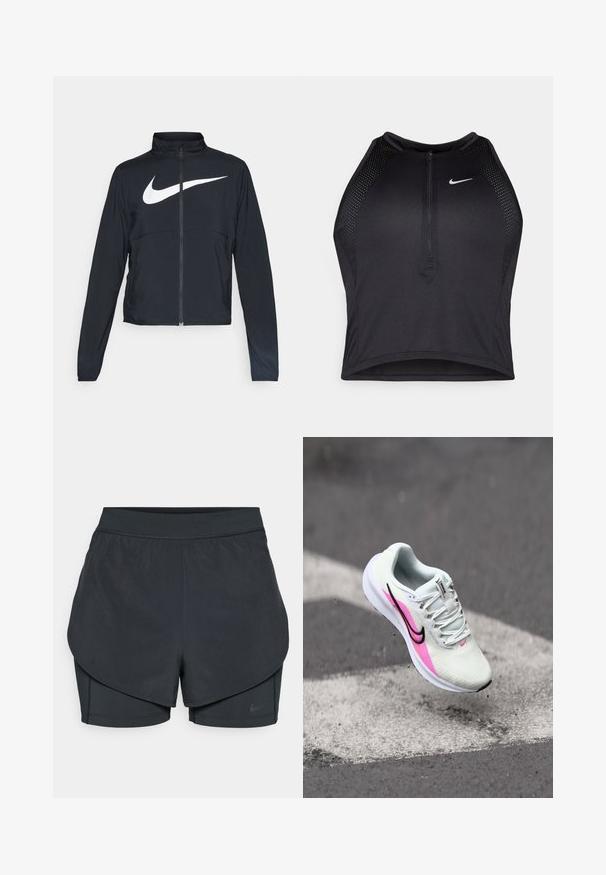 Zwarte sportjas met volledige rits, hoge kraag, lange mouwen en groot wit Nike swoosh-logo op de borst.; Zwarte atletische crop top met een rits aan de voorkant, mesh accenten en een aansluitend ontwerp. Gemaakt van rekbare, ademende stof. Nike-logo aan de voorkant.; Zwarte sportshorts met een gelaagd ontwerp, voorzien van een gladde buitenlaag en aansluitende binnen shorts. Gemaakt van lichtgewicht, rekbare stof.; Lichte hardloopschoen in witte mesh, met roze en zwarte accenten, verhoogde hak en gestructureerde zool, gepositioneerd in de lucht boven het pavé.
