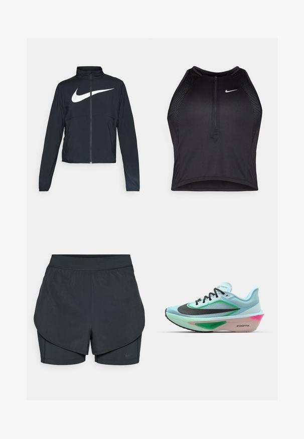 Black full-zip sports jacket with high collar, long sleeves, and large white Nike swoosh logo across the chest.; Black athletic crop top with a zip-front, mesh accents, and a fitted design. Made from stretchy, breathable fabric. Nike logo on front.; Black athletic shorts with a layered design, featuring a smooth outer layer and fitted inner shorts. Made of lightweight, stretch fabric.; Light blue running shoe with a textured black mesh upper, green accents, a pink-tinged midsole, and a rubber outsole. Features laces and branding.