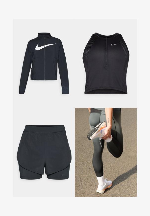 Schwarze Sportjacke mit vollem Reißverschluss, hohem Kragen, langen Ärmeln und großem weißen Nike-Swoosh-Logo auf der Brust.; Schwarzes sportliches Crop-Top mit Reißverschluss vorne, Netz-Akzenten und figurnaher Passform. Hergestellt aus dehnbarem, atmungsaktivem Material. Nike-Logo auf der Vorderseite.; Schwarze sportliche Shorts mit einem geschichteten Design, das eine glatte äußere Schicht und eng anliegende innere Shorts umfasst. Hergestellt aus leichtem, dehnbarem Material.; Nike Performance AIR ZOOM PEGASUS 41 - Laufschuh Straße - multi-coloured