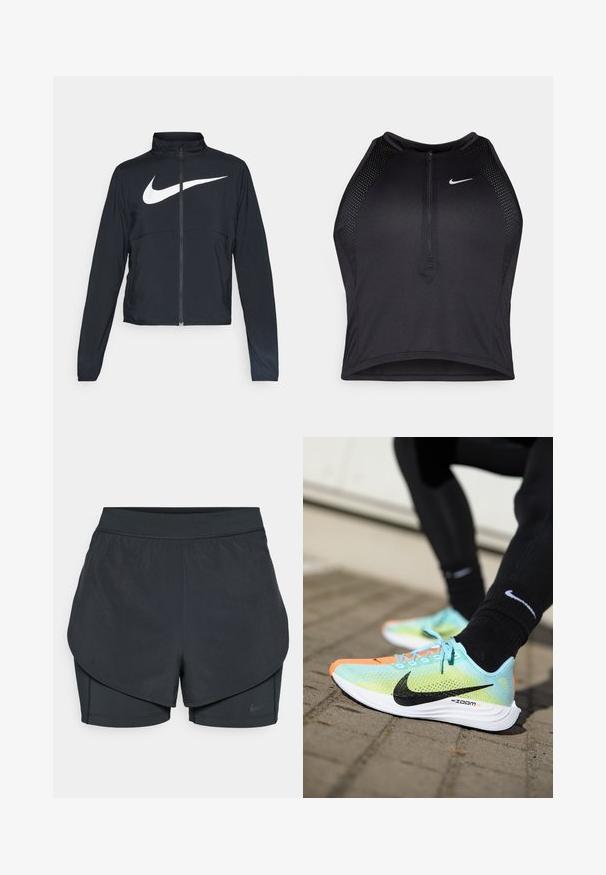 Giacca sportiva nera con zip completa, colletto alto, maniche lunghe e grande logo swoosh bianco Nike sul petto.; Top corto atletico nero con zip frontale, dettagli in rete e un design aderente. Realizzato in tessuto elasticizzato e traspirante. Logo Nike sul davanti.; Shorts sportivi neri con un design a strati, caratterizzati da uno strato esterno morbido e da pantaloni interni aderenti. Realizzati in tessuto leggero e elasticizzato.; Le scarpe da corsa Nike ZoomX presentano una parte superiore in rete di colore verde menta con accenti neri, una punta arancione e una suola bianca con grip texturizzato.
