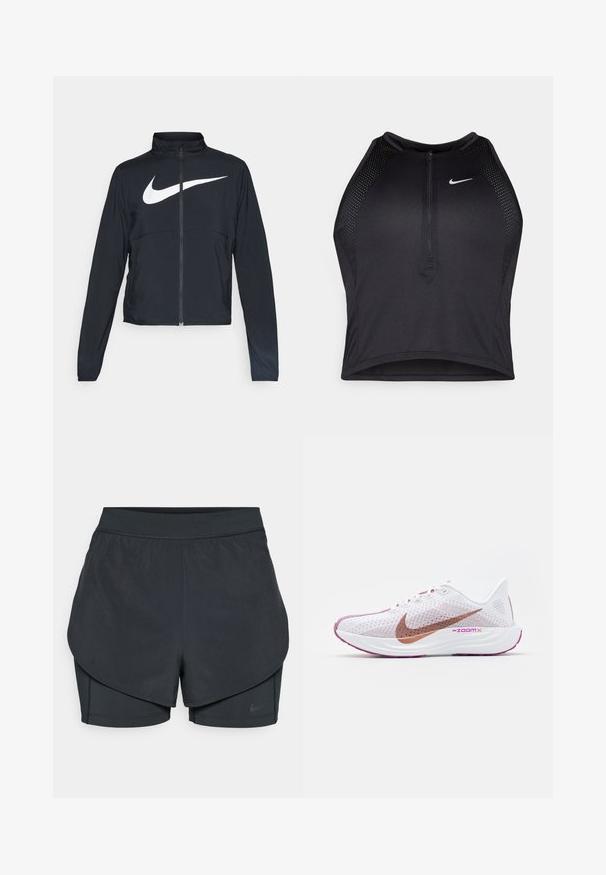Czarna bluza sportowa na zamek błyskawiczny z wysokim kołnierzem, długimi rękawami i dużym białym logo Nike na klatce piersiowej.; Czarny sportowy crop top z zamkiem z przodu, z siateczkowymi akcentami i dopasowanym krojem. Wykonany z elastycznego, oddychającego materiału. Logo Nike z przodu.; Czarne spodenki sportowe z warstwowym krojem, z gładką zewnętrzną warstwą i dopasowanymi wewnętrznymi spodniami. Wykonane z lekkiej, elastycznej tkaniny.; Nike Performance PEGASUS PLUS biały