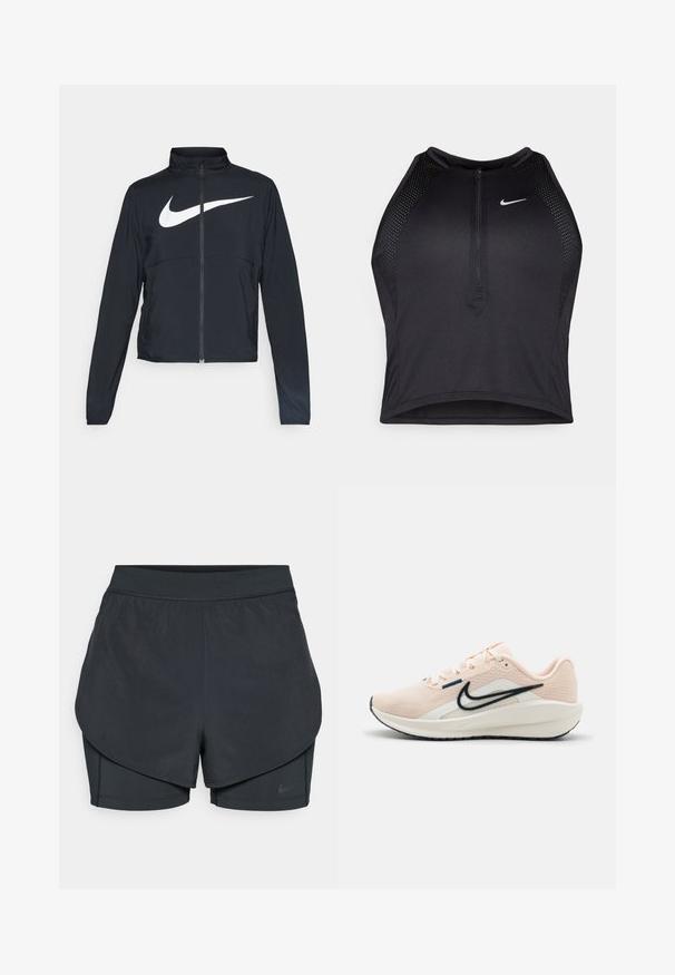 Jachetă sport neagră cu fermoar pe toată lungimea, guler înalt, mâneci lungi și un logo mare alb Nike swoosh pe piept.; Top sportiv black, cu croială scurtă, cu fermoar în față, accente din plasă și un design ajustat. Fabricat dintr-un material elastic și respirabil. Logo-ul Nike pe față.; Șorturi sportive negre cu un design stratificat, având o strat exterior neted și șorturi interioare ajustate. Fabricate dintr-un material ușor și elastic.; Nike Performance DOWNSHIFTER 13 - Pantofi de alergare pe asfalt - guava ice, armory,navy sail