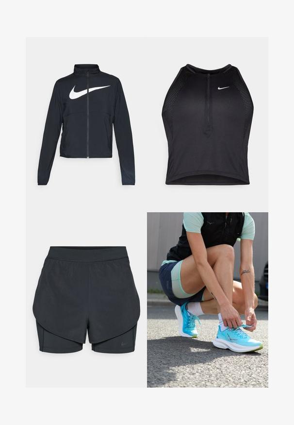 Veste de sport noire zippée sur toute la longueur avec un col haut, des manches longues et un grand logo Nike swoosh blanc sur la poitrine.; Crop top sportif noir avec fermeture éclair à l'avant, accents en mesh et design ajusté. Fabriqué en tissu extensible et respirant. Logo Nike à l'avant.; Shorts de sport noirs avec un design superposé, présentant une couche extérieure lisse et des shorts intérieurs ajustés. Fabriqués en tissu léger et extensible.; Des chaussures de course légères turquoise avec une tige en maille texturée, des semelles blanches et des accents verts, en cours de lacement par une personne sur un pavé.