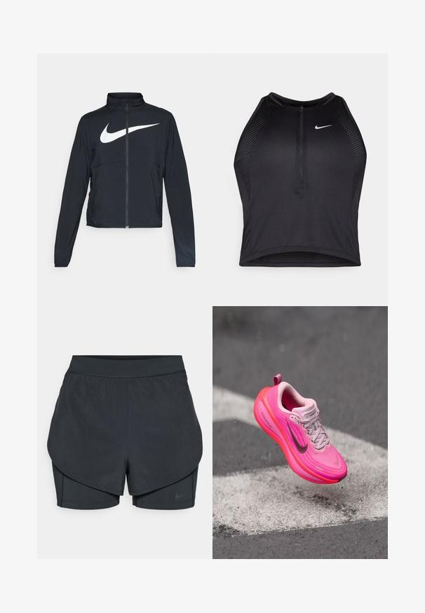 Svart sportjacka med hel dragkedja, hög krage, långa ärmar och stor vit Nike swoosh-logotyp över bröstet.; Svart atletisk crop top med dragkedja framtill, nätdetaljer och en figurnära design. Tillverkad av elastiskt, andningsbart material. Nike-logga på framsidan.; Svarta träningsshorts med ett lagerdesign, med ett slätt yttre lager och en åtsittande inre short. Tillverkade av lätt, elastisk tyg.; Ljusstark rosa Nike-löparsko med grå swoosh och ZoomX-sula upphängd ovanför grå asfalt med vit vägmarkering.