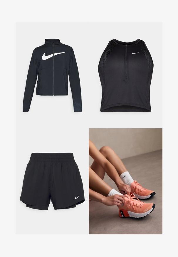 Chaqueta deportiva negra de cremallera completa con cuello alto, mangas largas y gran logo de Nike en blanco en el pecho.; Top corto deportivo negro con cremallera frontal, detalles de malla y un diseño ajustado. Fabricado con tejido elástico y transpirable. Logo de Nike en la parte frontal.; Pantalones cortos deportivos negros con cintura elástica fruncida, forro interior y logo blanco de Nike en la parte inferior izquierda. Tejido suave y ligero.; Zapatillas deportivas ligeras de color rosa con tejido texturizado, cordones prominentes y suelas de goma. Terminadas con un detalle de logo en blanco y negro contrastante.