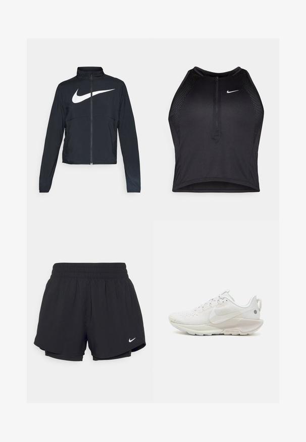 Zwarte sportjas met volledige rits, hoge kraag, lange mouwen en groot wit Nike swoosh-logo op de borst.; Zwarte atletische crop top met een rits aan de voorkant, mesh accenten en een aansluitend ontwerp. Gemaakt van rekbare, ademende stof. Nike-logo aan de voorkant.; Zwarte sportshorts met een geraffineerde elastische tailleband, binnenvoering en wit Nike-logo aan de onderkant links. Soepele, lichte stof.; Nike Performance REACTX PEGASUS 5 - Trail hardloopschoenen - summit white/sail/light orewood brown
