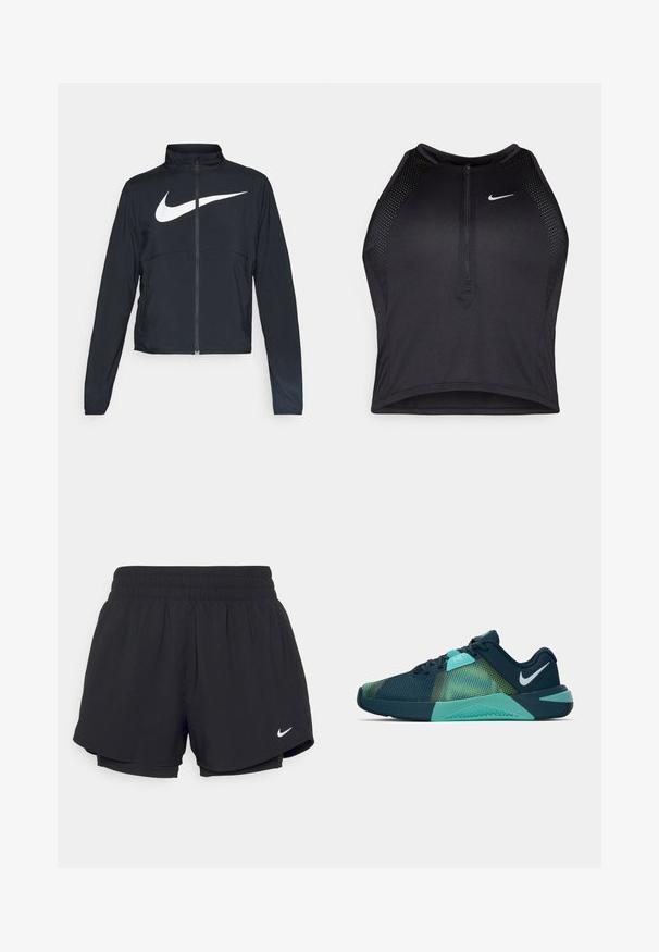 Melnā sporta jaka ar pilnu rāvējslēdzēju, augstu apkakli, garām piedurknēm un lielu baltu Nike swoosh logotipu krūšu daļā.; Melnā sportiskā augšdaļa ar rāvējslēdzēju priekšpusē, acs akcenti un pieguloša dizaina. Izgatavota no elastīga, elpojoša auduma. Nike logo priekšpusē.; Melni sporta šorti ar savelkamu elastīgu jostasvietu, iekšējo oderi un baltu Nike logotipu kreisajā apakšējā stūrī. Gluda, viegla auduma.; Jūras laivu un akva sporta apavi ar teksturētu sieta augšdaļu, kas izceļas ar zaļas gradienta rakstu un mīkstu zoli. Nike swoosh logo uz papēža.