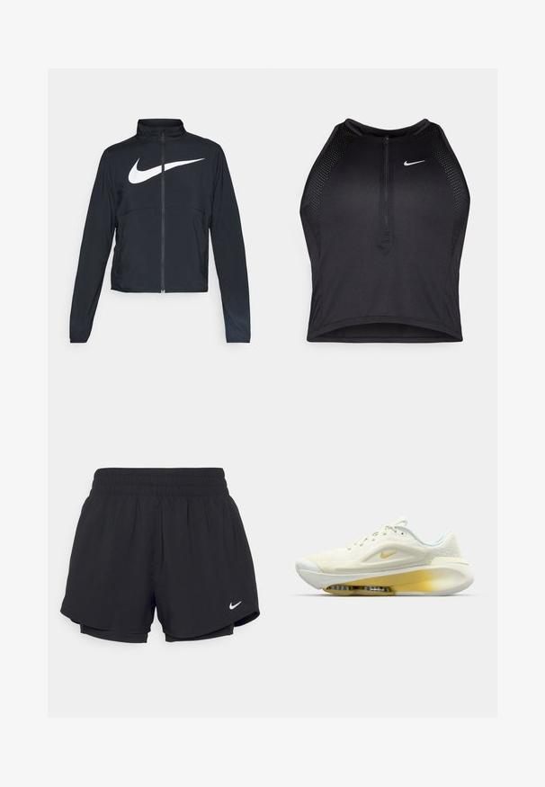 Fekete, teljes cipzáros sportdzseki magas gallérral, hosszú ujjal, amelyen egy nagy, fehér Nike logó található a mellkason.; Fekete sportos crop top, elöl cipzárral, hálós kiegészítőkkel és testhez álló kialakítással. Rugalmas, lélegző anyagból készült. Nike logó elöl.; Fekete sportnadrág, gumírozott derékpánttal, belső béléssel és fehér Nike logóval az alsó bal oldalon. Similaire, könnyű anyag.; Nike sportcipő halványsárga és fehér színben. Három részből álló felsőrész, párnázott bokarész és látható Air Zoom egység a talpban. Texturált anyag.