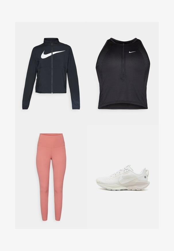 Giacca sportiva nera con zip completa, colletto alto, maniche lunghe e grande logo swoosh bianco Nike sul petto.; Top corto atletico nero con zip frontale, dettagli in rete e un design aderente. Realizzato in tessuto elasticizzato e traspirante. Logo Nike sul davanti.; Leggings alta vita in rosa realizzati in materiale elastico, con una texture liscia e un design aderente senza motivi visibili o hardware.; Nike Performance REACTX PEGASUS 5 - Scarpe da trail running - summit white/sail/light orewood brown