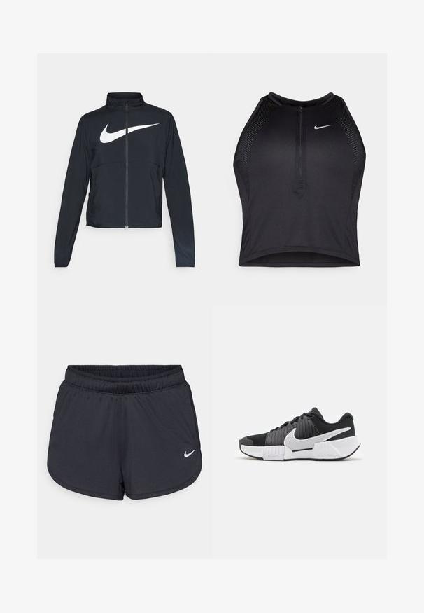 Schwarze Sportjacke mit vollem Reißverschluss, hohem Kragen, langen Ärmeln und großem weißen Nike-Swoosh-Logo auf der Brust.; Schwarzes sportliches Crop-Top mit Reißverschluss vorne, Netz-Akzenten und figurnaher Passform. Hergestellt aus dehnbarem, atmungsaktivem Material. Nike-Logo auf der Vorderseite.; Schwarze Sportshorts aus leichtem, atmungsaktiven Material. Mit elastischem Bund und weißem Nike-Logo auf der unteren rechten Seite.; Schwarz-weiße Sportschuhe mit einer strukturierten Oberseite, einem auffälligen Nike-Logo und einem kontrastierenden Sohlen-Design für besseren Halt und Stabilität.