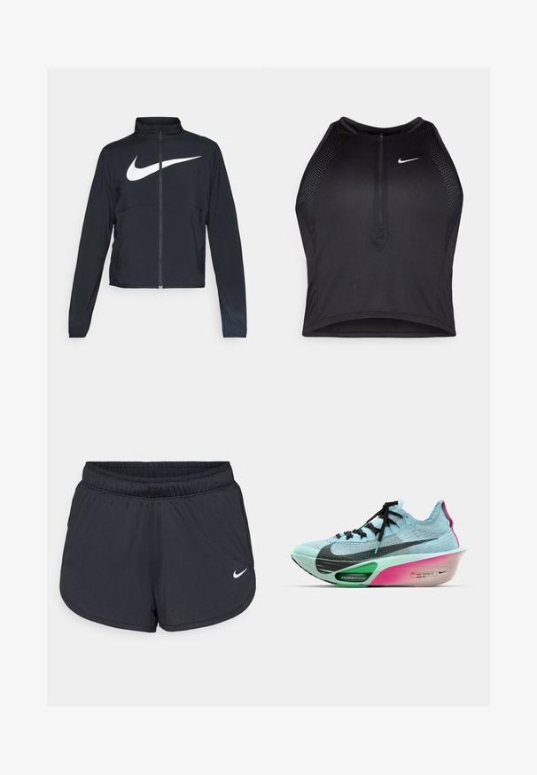 Musta urheilutakki, jossa on täysivetoketju, korkea kaulus, pitkät hihat ja suuri valkoinen Nike-tikkauksella rintaosa.; Musta urheilullinen crop-top, jossa on vetoketjukiinnitys, verkkokankaiset yksityiskohdat ja istuva malli. Valmistettu joustavasta ja hengittävästä kankaasta. Nike-logo edessä.; Mustat urheilushortsit, jotka on valmistettu kevyestä ja hengittävästä kankaasta. Sisältää joustavan vyötärönauhan ja valkoisen Nike-logon oikeassa alareunassa.; Nike juoksukengät, joissa on vaaleansininen neulottu päällinen, mustia yksityiskohtia, vihreä AIR ZOOM -välipohja sekä pinkki ja valkoinen gradienttipohja.