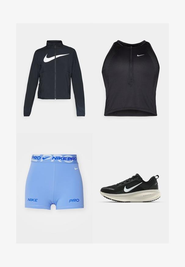 Casaco desportivo preto com fecho éclair completo, gola alta, mangas longas e grande logótipo branco da Nike na parte frontal.; Top cropped atlético preto com fecho à frente, acentos em malha e um design ajustado. Feito de tecido elástico e respirável. Logótipo da Nike na frente.; Nike Performance SHORT - Leggings - royal pulse/glacier blue/hyper royal/white; Sapatilha de corrida Nike preta com parte superior de malha respirável, logotipo Swoosh branco, detalhes texturizados e uma entressola ZoomX na cor creme.