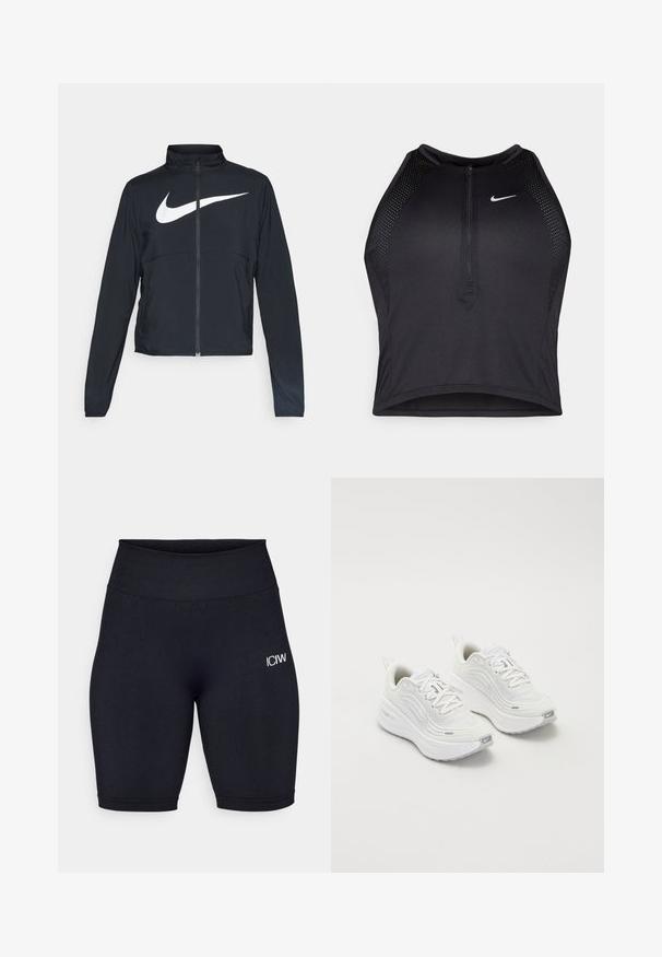 Črna športna jakna z polnim zadrgo, visokim ovratnikom, dolgimi rokavi in velikim belim logotipom Nike swoosh čez prsi.; Črn atletski kratki top z zadrgo spredaj, mrežastimi dodatki in prilegajočim dizajnom. Narejen iz raztegljivega, zračnega materiala. Logotip Nike spredaj.; Črne kolesarske hlače iz elastičnega materiala z visokim pasom. Imajo majhen beli logo na levem stegnu in gladko teksturo.; Bele športne čevlje z teksturirano mrežasto zgornjico, oblazinjeno podplatom in subtilnimi sivimi detajli. Vključujejo blagovno znamko in zanko na peti za enostavno obuvanje.