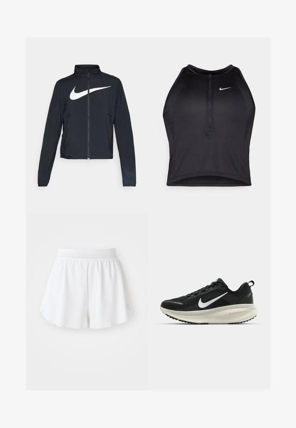 Must musta täispikk vary hoodie kõrge krae, pikad varrukad ja suur valge Nike swooshi logo rinnal.; Must negra spordiline crop top, millel on lukk ees, võrgukangast detailid ja vormiv disain. Valmistatud venivast ja hingavast kangast. Nike logo ees.; Valged spordilühikesed püksid, millel on sile tekstuur, elastne vöökoht ja avarduv disain. Vasakul alumisel nurgas on väike logo.; Musthave mustus Nike jooksujalats, millel on hingav võrgust ülemine osa, valge swoosh logo, tekstuuriga detailid ja kreemja värvusega ZoomX vahevöö.