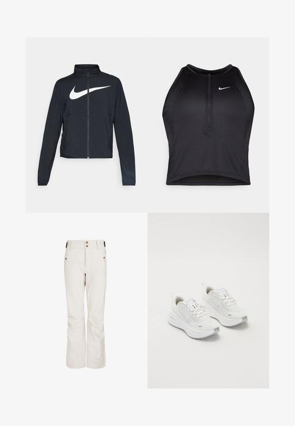 Zwarte sportjas met volledige rits, hoge kraag, lange mouwen en groot wit Nike swoosh-logo op de borst.; Zwarte atletische crop top met een rits aan de voorkant, mesh accenten en een aansluitend ontwerp. Gemaakt van rekbare, ademende stof. Nike-logo aan de voorkant.; Crème-kleurige skibroek met een gladde structuur, uitgerust met twee ritszakken, twee voorknopjes en een getailleerd ontwerp voor warmte en bewegingsvrijheid.; Witte sportieve schoenen met een gestructureerde mesh bovenkant, een comfortabele zool en subtiele grijze accenten. Inclusief branding en een lus aan de hiel voor eenvoudig aan- en uittrekken.