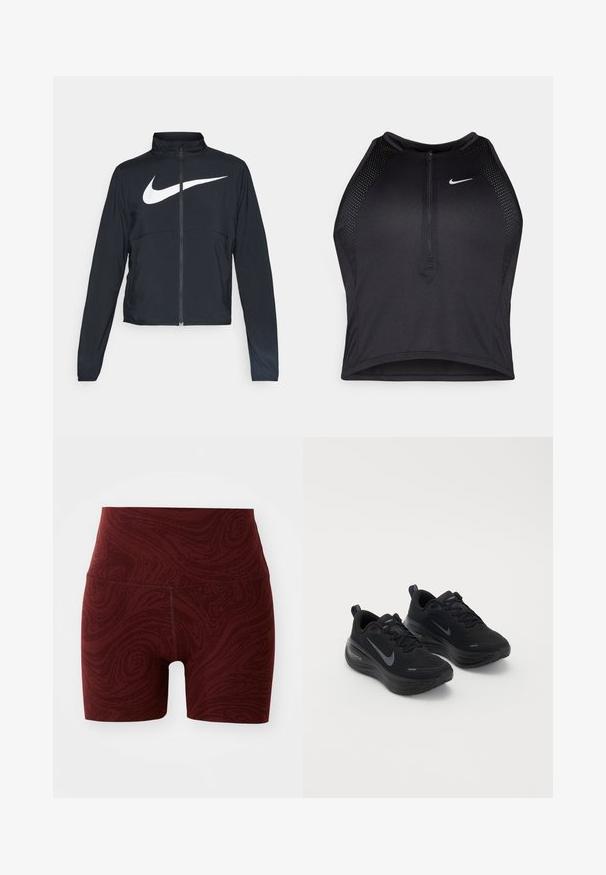 Svart joggebund med hel glidelås, høy krage, lange ermer og stort hvitt Nike swoosh-logo over brystet.; Svart idretts crop top med glidelås foran, mesh-detaljer og en figurvennlig design. Laget av elastisk, pustende materiale. Nike-logo på forsiden.; Rødt mønstrete shorts med høy midje, med en teksturert design. Laget av elastisk materiale, ideelt for trening.; Svarte treningssko med teksturert overdel, snøring og tykk, dempet såle. Har en grå Nike-logo på hver side.