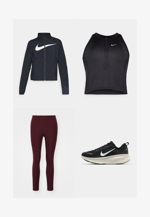 Giacca sportiva nera con zip completa, colletto alto, maniche lunghe e grande logo swoosh bianco Nike sul petto.; Top corto atletico nero con zip frontale, dettagli in rete e un design aderente. Realizzato in tessuto elasticizzato e traspirante. Logo Nike sul davanti.; Leggings bordeaux realizzati in tessuto elasticizzato con una fascia alta in vita, caratterizzati da una texture liscia e una silhouette aderente, privi di motivi o dettagli.; Scarpa da corsa nera Nike con tomaia in rete traspirante, logo Swoosh bianco, dettagli testurizzati e intersuola ZoomX di colore crema.