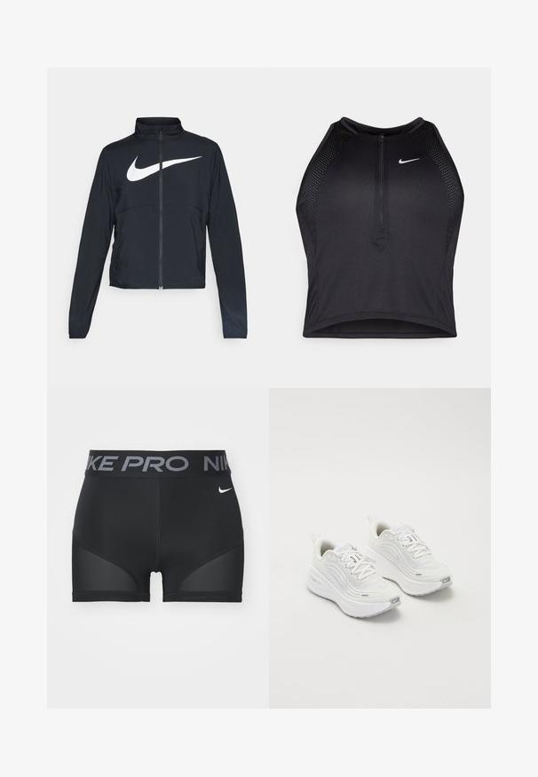 Giacca sportiva nera con zip completa, colletto alto, maniche lunghe e grande logo swoosh bianco Nike sul petto.; Top corto atletico nero con zip frontale, dettagli in rete e un design aderente. Realizzato in tessuto elasticizzato e traspirante. Logo Nike sul davanti.; Pantaloni sportivi neri con un ampio cinturino in vita che presenta "NIKE PRO" in grigio. Include pannelli in rete sui lati e un piccolo logo bianco.; Scarpe da ginnastica bianche con tomaia in rete testurizzata, suola ammortizzata e sottili dettagli grigi. Comprendono il branding e una linguetta sul tallone per una facile calzata.