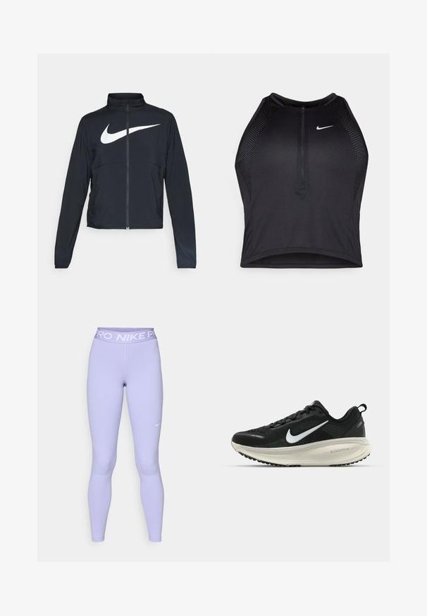 Crna sportska jakna s punim patentnim zatvaračem, visokim ovratnikom, dugim rukavima i velikim bijelim Nike swoosh logom preko grudi.; Crni sportski crop top s patentnim zatvaračem, mrežastim detaljima i prilagođenim dizajnom. Izrađen od rastezljivog, prozračnog materijala. Nike logo na prednjoj strani.; Svjetloljubičaste tajice s prilagođenim stilom. Elastična traka oko struka sadrži bijeli tekst logotipa "PRO NIKE". Glatka tkanina s minimalnim šavovima i elegantnim dizajnom.; Crne Nike trkačke tenisice s prozračnom mrežastom gornjom konstrukcijom, bijelim swoosh logotipom, teksturiranim detaljima i kremastom ZoomX srednjom potplatnom jedinicom.