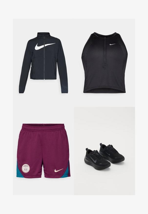Black full-zip sports jacket with high collar, long sleeves, and large white Nike swoosh logo across the chest.; Black athletic crop top with a zip-front, mesh accents, and a fitted design. Made from stretchy, breathable fabric. Nike logo on front.; Nike Performance PARIS ST GERMAIN STRIKE SHORT - Sports shorts - bordeaux/geode teal/guava ice; Black athletic shoes with a textured upper, lace-up design, and a thick, cushioned sole. Features a grey Nike logo on each side.
