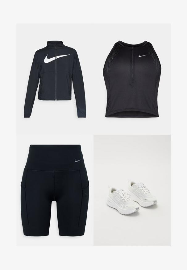 Jachetă sport neagră cu fermoar pe toată lungimea, guler înalt, mâneci lungi și un logo mare alb Nike swoosh pe piept.; Top sportiv black, cu croială scurtă, cu fermoar în față, accente din plasă și un design ajustat. Fabricat dintr-un material elastic și respirabil. Logo-ul Nike pe față.; Pantaloni scurți sport negri, cu talie înaltă, din material elastic; au buzunare laterale și un mic logo Nike pe talie.; Pantofi sport albi cu un superior din plasă texturată, talpă amortizată și accente subtile de gri. Include branding și un buclă la călcâi pentru a fi ușor de încălțat.