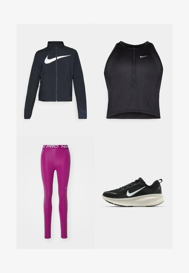 Giacca sportiva nera con zip completa, colletto alto, maniche lunghe e grande logo swoosh bianco Nike sul petto.; Top corto atletico nero con zip frontale, dettagli in rete e un design aderente. Realizzato in tessuto elasticizzato e traspirante. Logo Nike sul davanti.; Nike Performance 365 - Leggings - hot fuchsia/white; Scarpa da corsa nera Nike con tomaia in rete traspirante, logo Swoosh bianco, dettagli testurizzati e intersuola ZoomX di colore crema.