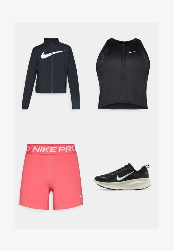 Černá sportovní bunda na zip s vysokým límcem, dlouhými rukávy a velkým bílým logem Nike swoosh přes prsa.; Černý sportovní crop top se zipem vpředu, síťovými detaily a přiléhavým střihem. Vyrobený z elastického, prodyšného materiálu. Logo Nike na přední straně.; Nike Performance SHORT - Punčochy - aster pink/white; Černá běžecká obuv Nike s prodyšným síťovaným svrškem, bílým logem swoosh, texturovanými detaily a krémovou mezipodešví ZoomX.
