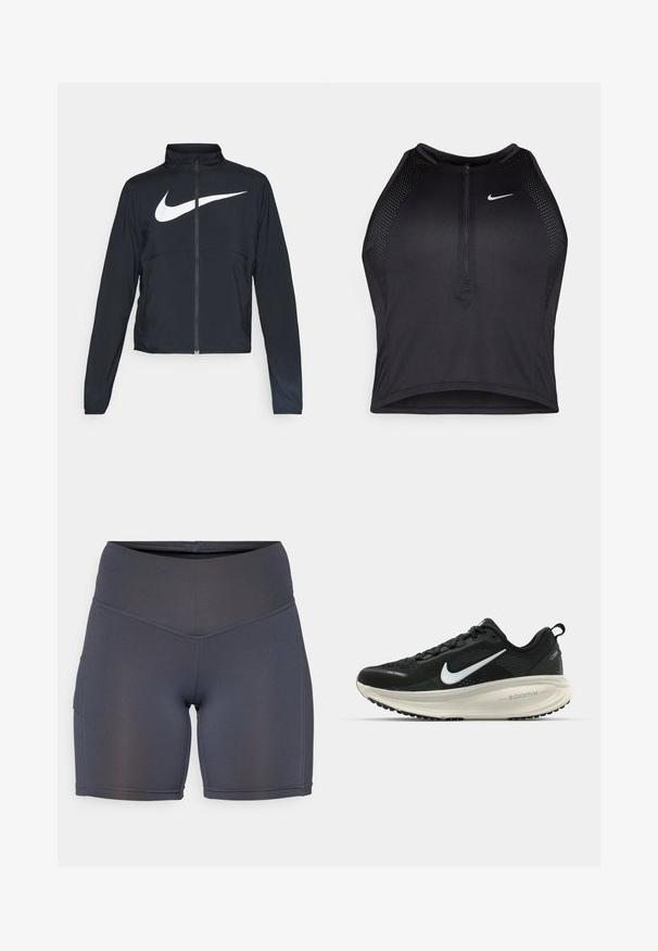 Crna sportska jakna s punim patentnim zatvaračem, visokim ovratnikom, dugim rukavima i velikim bijelim Nike swoosh logom preko grudi.; Crni sportski crop top s patentnim zatvaračem, mrežastim detaljima i prilagođenim dizajnom. Izrađen od rastezljivog, prozračnog materijala. Nike logo na prednjoj strani.; Tamno sivi atletski šortsevi napravljeni od glatkog, rastezljivog materijala. Imaju visoki pojas i kontrastnu šavove, uz detalj bočne džepa.; Crne Nike trkačke tenisice s prozračnom mrežastom gornjom konstrukcijom, bijelim swoosh logotipom, teksturiranim detaljima i kremastom ZoomX srednjom potplatnom jedinicom.
