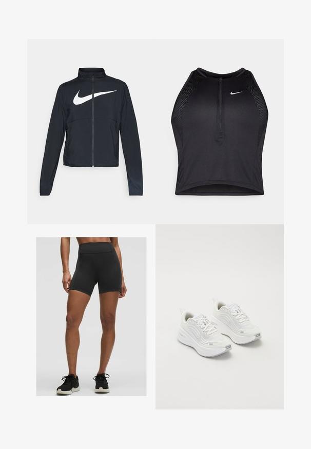 Giacca sportiva nera con zip completa, colletto alto, maniche lunghe e grande logo swoosh bianco Nike sul petto.; Top corto atletico nero con zip frontale, dettagli in rete e un design aderente. Realizzato in tessuto elasticizzato e traspirante. Logo Nike sul davanti.; Shorts sportivi neri a vita alta realizzati in tessuto elastico, con una superficie liscia e cuciture pulite, ideali per l'esercizio.; Scarpe da ginnastica bianche con tomaia in rete testurizzata, suola ammortizzata e sottili dettagli grigi. Comprendono il branding e una linguetta sul tallone per una facile calzata.