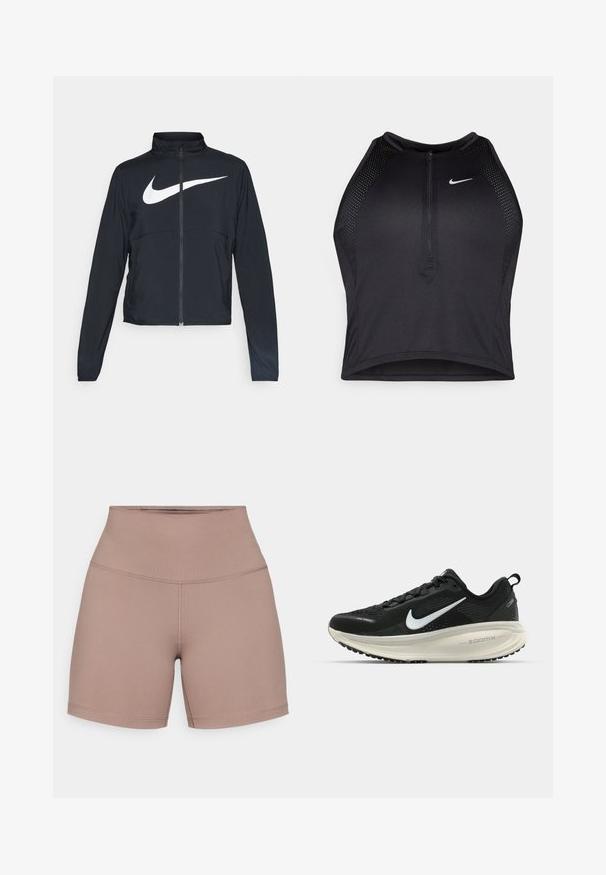 Crna sportska jakna s punim patentnim zatvaračem, visokim ovratnikom, dugim rukavima i velikim bijelim Nike swoosh logom preko grudi.; Crni sportski crop top s patentnim zatvaračem, mrežastim detaljima i prilagođenim dizajnom. Izrađen od rastezljivog, prozračnog materijala. Nike logo na prednjoj strani.; Šortsevi visokog struka izrađeni od glatkog, rastezljivog materijala u umjerenoj smeškastoj boji. Imaju ravne šavove i prilagođen dizajn za udobnost.; Crne Nike trkačke tenisice s prozračnom mrežastom gornjom konstrukcijom, bijelim swoosh logotipom, teksturiranim detaljima i kremastom ZoomX srednjom potplatnom jedinicom.