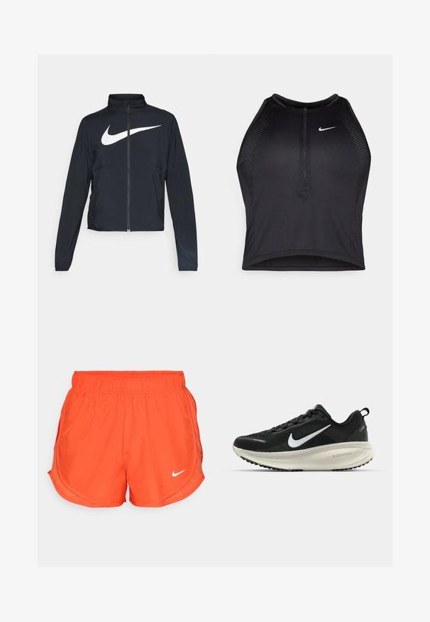 Melnā sporta jaka ar pilnu rāvējslēdzēju, augstu apkakli, garām piedurknēm un lielu baltu Nike swoosh logotipu krūšu daļā.; Melnā sportiskā augšdaļa ar rāvējslēdzēju priekšpusē, acs akcenti un pieguloša dizaina. Izgatavota no elastīga, elpojoša auduma. Nike logo priekšpusē.; Oranži sporta šorti ar elastīgu vidukli, sānu šķēlumiem un baltu Nike logo priekšpusē. Izgatavoti no gludas, vieglas auduma.; Melnas Nike skriešanas kurpes ar elpojošu acs augšdaļu, baltu Swoosh logotipu, strukturētu apdari un krēmkrāsas ZoomX starpsole.