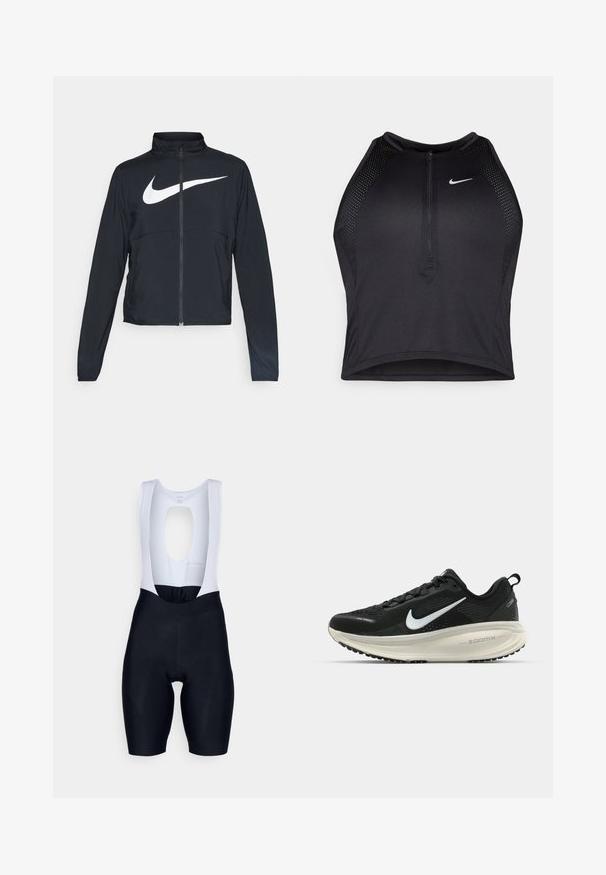 Black full-zip sports jacket with high collar, long sleeves, and large white Nike swoosh logo across the chest.; Black athletic crop top with a zip-front, mesh accents, and a fitted design. Made from stretchy, breathable fabric. Nike logo on front.; Rapha WOMENS CORE - Bib shorts - black/white; Black Nike running shoe with breathable mesh upper, white swoosh logo, textured detailing, and a cream-colored ZoomX midsole.
