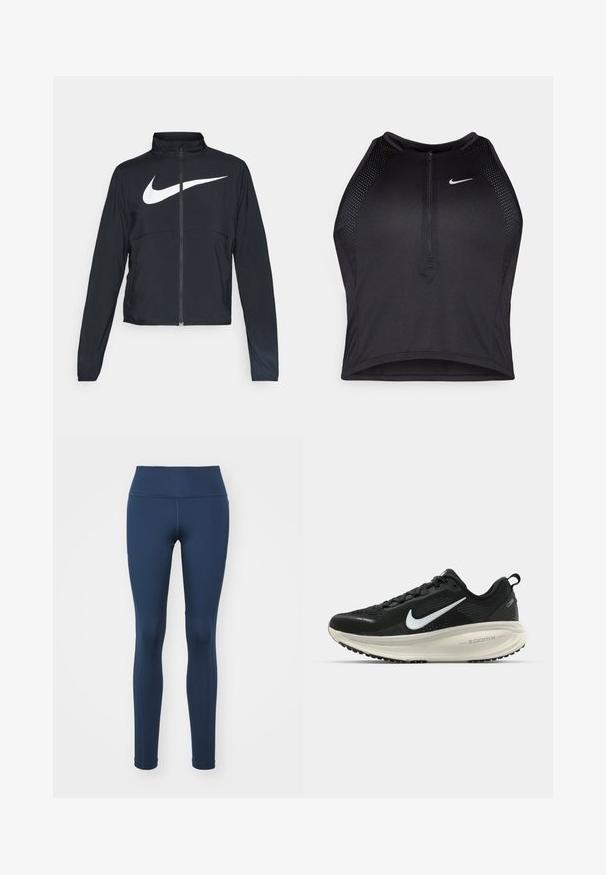 Črna športna jakna z polnim zadrgo, visokim ovratnikom, dolgimi rokavi in velikim belim logotipom Nike swoosh čez prsi.; Črn atletski kratki top z zadrgo spredaj, mrežastimi dodatki in prilegajočim dizajnom. Narejen iz raztegljivega, zračnega materiala. Logotip Nike spredaj.; Temno modre legice iz elastičnega materiala. Imajo visok pas in prilegajoč dizajn z gladkimi šivi za udobje.; Črne Nike tekaške čevlje z zračno mrežno zgornjim delom, belim logotipom Swoosh, teksturiranimi detajli in smetanasto barvnim srednjim delom ZoomX.