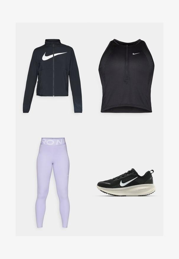 Črna športna jakna z polnim zadrgo, visokim ovratnikom, dolgimi rokavi in velikim belim logotipom Nike swoosh čez prsi.; Črn atletski kratki top z zadrgo spredaj, mrežastimi dodatki in prilegajočim dizajnom. Narejen iz raztegljivega, zračnega materiala. Logotip Nike spredaj.; Svetlo vijolične leggice z širokim belim pasom "NIKE PRO" in subtilnim logotipom na spodnjem delu noge, narejene iz gladkega, raztegljivega materiala.; Črne Nike tekaške čevlje z zračno mrežno zgornjim delom, belim logotipom Swoosh, teksturiranimi detajli in smetanasto barvnim srednjim delom ZoomX.