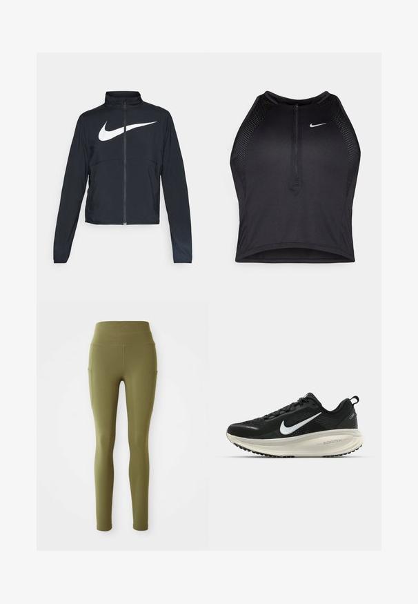 Casaco desportivo preto com fecho éclair completo, gola alta, mangas longas e grande logótipo branco da Nike na parte frontal.; Top cropped atlético preto com fecho à frente, acentos em malha e um design ajustado. Feito de tecido elástico e respirável. Logótipo da Nike na frente.; Leggings de cintura alta verde-oliva com bolsos laterais e detalhes em costura, exibidos de forma plana contra um fundo branco.; Sapatilha de corrida Nike preta com parte superior de malha respirável, logotipo Swoosh branco, detalhes texturizados e uma entressola ZoomX na cor creme.