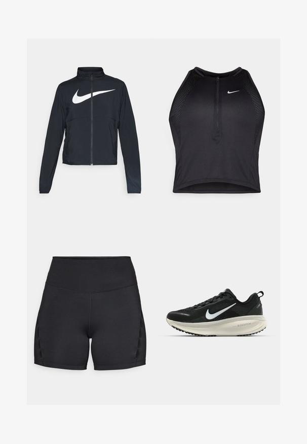 Melnā sporta jaka ar pilnu rāvējslēdzēju, augstu apkakli, garām piedurknēm un lielu baltu Nike swoosh logotipu krūšu daļā.; Melnā sportiskā augšdaļa ar rāvējslēdzēju priekšpusē, acs akcenti un pieguloša dizaina. Izgatavota no elastīga, elpojoša auduma. Nike logo priekšpusē.; Melnas sporta šortus ar augsto jostasvītru, gludu tekstūru un sānu detaļām ar izgriezumiem gaisa cirkulācijai. Bešuvju konstrukcija komfortam.; Melnas Nike skriešanas kurpes ar elpojošu acs augšdaļu, baltu Swoosh logotipu, strukturētu apdari un krēmkrāsas ZoomX starpsole.