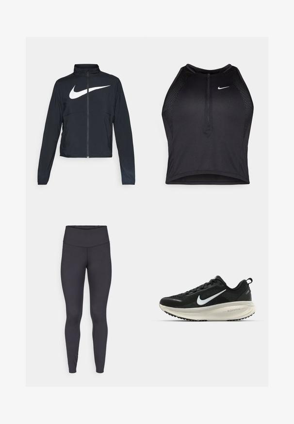 Czarna bluza sportowa na zamek błyskawiczny z wysokim kołnierzem, długimi rękawami i dużym białym logo Nike na klatce piersiowej.; Czarny sportowy crop top z zamkiem z przodu, z siateczkowymi akcentami i dopasowanym krojem. Wykonany z elastycznego, oddychającego materiału. Logo Nike z przodu.; Czarne legginsy o wysokim stanie, wykonane z elastycznego materiału, charakteryzujące się gładką teksturą oraz dopasowanym krojem z minimalną ilością szwów.; Czarna biegowa półbut z oddychającej siateczki, białym logo swoosh, teksturowanymi detalami oraz kremową podeszwą środkową ZoomX.