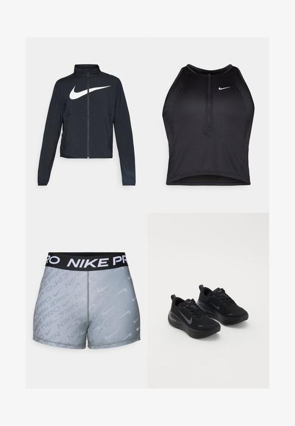 Chaqueta deportiva negra de cremallera completa con cuello alto, mangas largas y gran logo de Nike en blanco en el pecho.; Top corto deportivo negro con cremallera frontal, detalles de malla y un diseño ajustado. Fabricado con tejido elástico y transpirable. Logo de Nike en la parte frontal.; Pantalones cortos Nike Pro con una cintura elástica negra que presenta el texto en blanco "NIKE PRO", un patrón de rayas gris y un diseño ajustado.; Zapatillas deportivas negras con un upper texturizado, diseño con cordones y una suela gruesa y acolchada. Presenta un logo de Nike gris a cada lado.