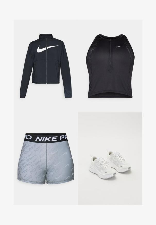 Jachetă sport neagră cu fermoar pe toată lungimea, guler înalt, mâneci lungi și un logo mare alb Nike swoosh pe piept.; Top sportiv black, cu croială scurtă, cu fermoar în față, accente din plasă și un design ajustat. Fabricat dintr-un material elastic și respirabil. Logo-ul Nike pe față.; Shorts Nike Pro cu un brâu elastic negru, cu text alb "NIKE PRO", model cu dungi gri și un design slim-fit.; Pantofi sport albi cu un superior din plasă texturată, talpă amortizată și accente subtile de gri. Include branding și un buclă la călcâi pentru a fi ușor de încălțat.