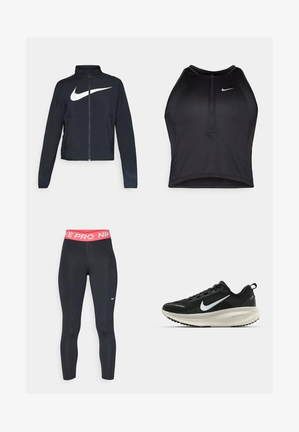Must musta täispikk vary hoodie kõrge krae, pikad varrukad ja suur valge Nike swooshi logo rinnal.; Must negra spordiline crop top, millel on lukk ees, võrgukangast detailid ja vormiv disain. Valmistatud venivast ja hingavast kangast. Nike logo ees.; Nike Performance CROP - Retuusid - black/aster pink/white; Musthave mustus Nike jooksujalats, millel on hingav võrgust ülemine osa, valge swoosh logo, tekstuuriga detailid ja kreemja värvusega ZoomX vahevöö.