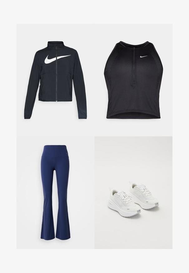 Melnā sporta jaka ar pilnu rāvējslēdzēju, augstu apkakli, garām piedurknēm un lielu baltu Nike swoosh logotipu krūšu daļā.; Melnā sportiskā augšdaļa ar rāvējslēdzēju priekšpusē, acs akcenti un pieguloša dizaina. Izgatavota no elastīga, elpojoša auduma. Nike logo priekšpusē.; Tumši zili flared legingi ar augstu jostasvietu, izgatavoti no elastīgas auduma, ar gludu tekstūru un diskrētu logotipa akcentu uz jostas.; Baltas sporta apavi ar teksturētu sieta augšdaļu, mīkstinātu zoli un smalkiem pelēkiem akcentiem. Iekļauj zīmolu un cilpu papēža cilpu vieglai uzvilkšanai.