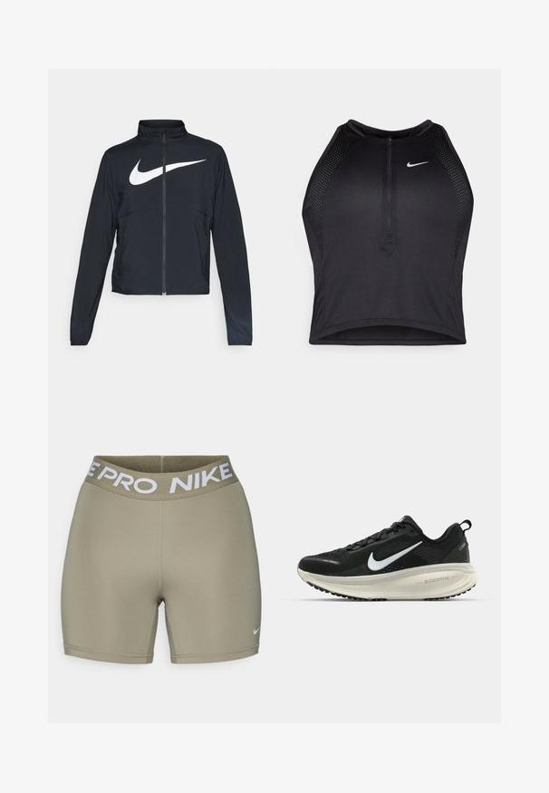 Giacca sportiva nera con zip completa, colletto alto, maniche lunghe e grande logo swoosh bianco Nike sul petto.; Top corto atletico nero con zip frontale, dettagli in rete e un design aderente. Realizzato in tessuto elasticizzato e traspirante. Logo Nike sul davanti.; Pantaloni sportivi color verde oliva con una soddisfacente fascia elastica bianca che presenta la scritta "NIKE PRO". Tessuto liscio e elastico con dettagli di cucitura.; Scarpa da corsa nera Nike con tomaia in rete traspirante, logo Swoosh bianco, dettagli testurizzati e intersuola ZoomX di colore crema.