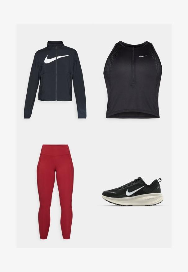 Črna športna jakna z polnim zadrgo, visokim ovratnikom, dolgimi rokavi in velikim belim logotipom Nike swoosh čez prsi.; Črn atletski kratki top z zadrgo spredaj, mrežastimi dodatki in prilegajočim dizajnom. Narejen iz raztegljivega, zračnega materiala. Logotip Nike spredaj.; Rde legice z visokim pasom, izdelane iz gladkega materiala. Značilnosti vključujejo stranske šive in prilegajoč dizajn. Brez opaznih vzorcev ali akcentov.; Črne Nike tekaške čevlje z zračno mrežno zgornjim delom, belim logotipom Swoosh, teksturiranimi detajli in smetanasto barvnim srednjim delom ZoomX.