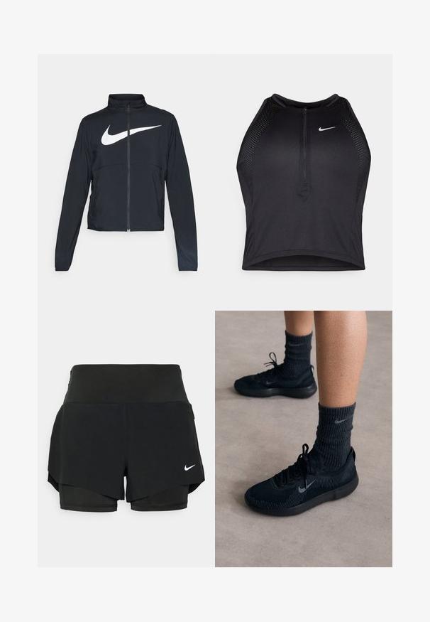 Veste de sport noire zippée sur toute la longueur avec un col haut, des manches longues et un grand logo Nike swoosh blanc sur la poitrine.; Crop top sportif noir avec fermeture éclair à l'avant, accents en mesh et design ajusté. Fabriqué en tissu extensible et respirant. Logo Nike à l'avant.; Shorts de sport noirs avec un design en couches, comprenant un short intérieur et un revêtement extérieur, fabriqués dans un tissu léger et extensible.; Baskets Nike noires avec un dessus en tricot texturé, présentant un logo swoosh gris, accompagnées de chaussettes côtelées foncées. Semelle en caoutchouc plate.